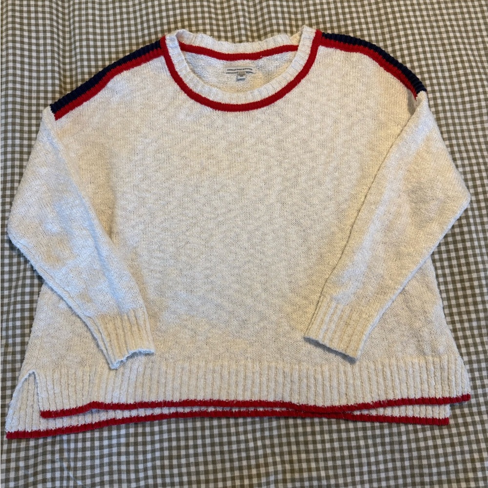 American Eagle Outfitters Cream Sweater with Red and Blue Trim